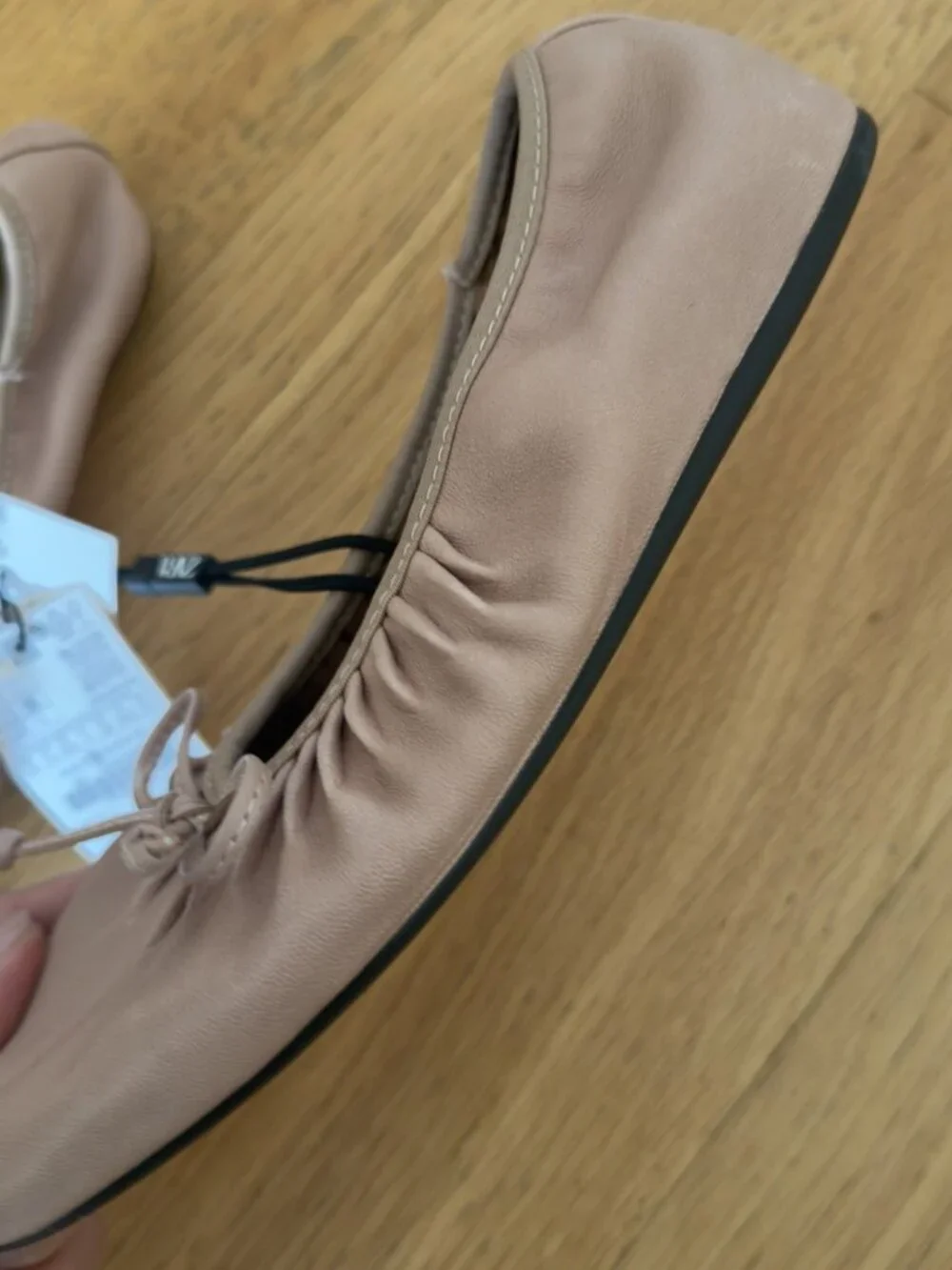 NWT Zara Blush Pink Leather Ruched Bow Ballet Flats 38